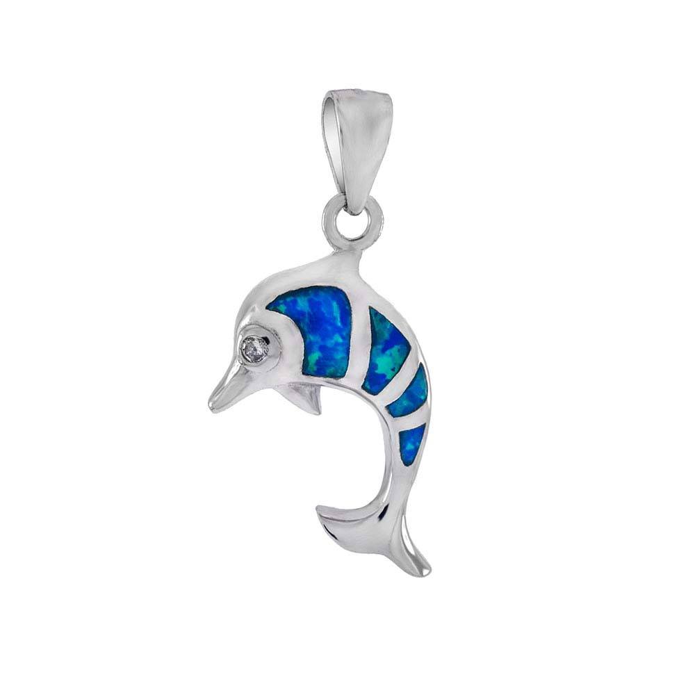 Sterling Silver Simulated Blue Opal CZ Dolphin Pendant