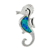 Load image into Gallery viewer, Sterling Silver Simulated Blue Opal Seahorse Pendant