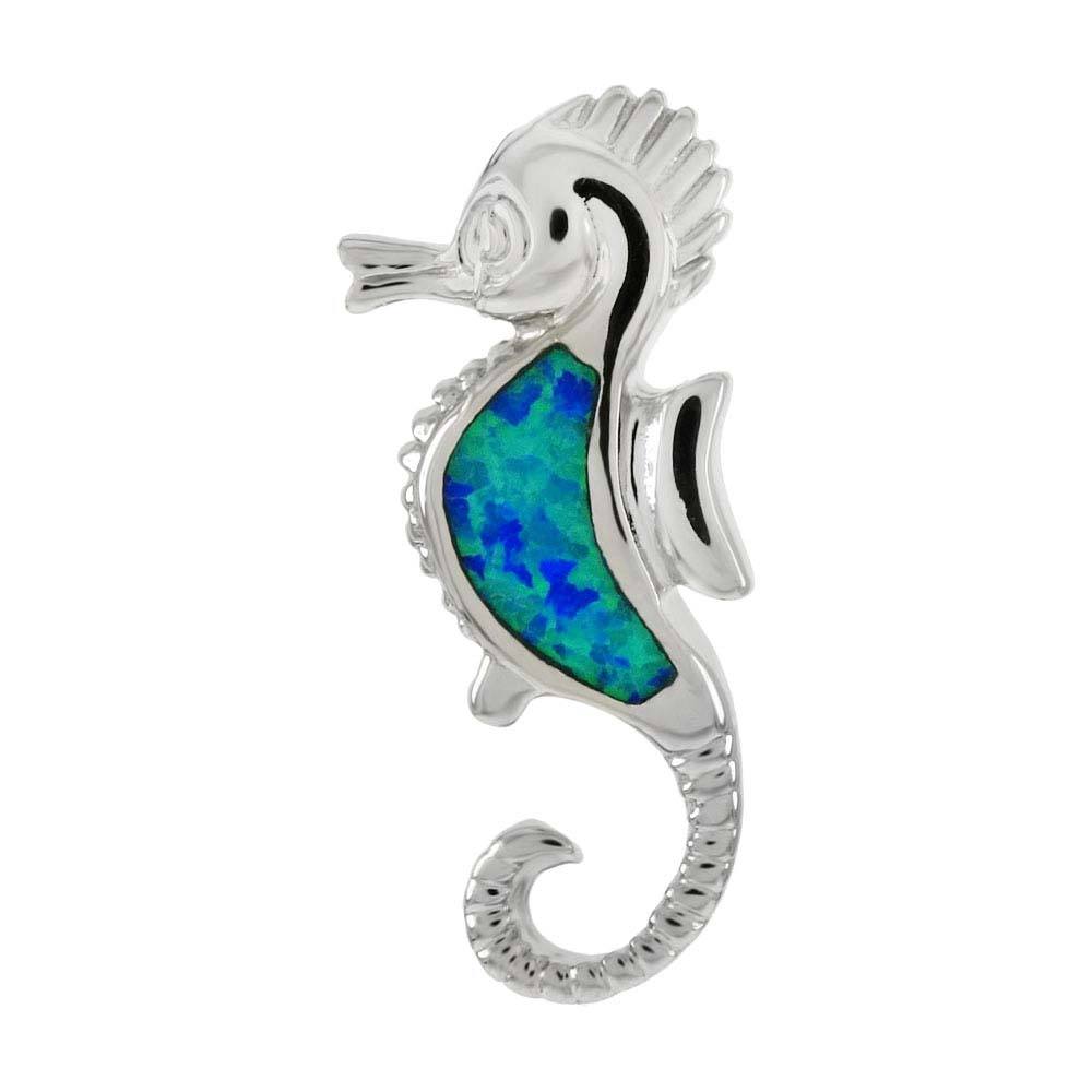 Sterling Silver Simulated Blue Opal Seahorse Pendant