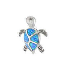 Load image into Gallery viewer, Sterling Silver Simulated Blue Opal Turtle Shaped PendantAnd Length 7/8 inchAnd Width 19.5 mm