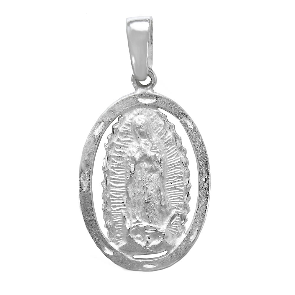 Sterling Silver Our Lady Of Guadalupe Oval Medal Diamond Cut Pendant