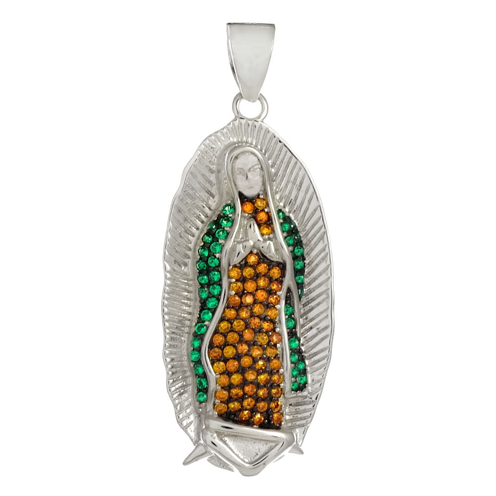 Sterling Silver Lady Of Guadalupe With CZ Rhodium Pendant