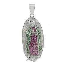 Load image into Gallery viewer, Sterling Silver Rhodium Lady of Guadalupe with Fuchsia and Green CZ Pendant