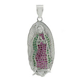 Sterling Silver Rhodium Lady of Guadalupe with Fuchsia and Green CZ Pendant