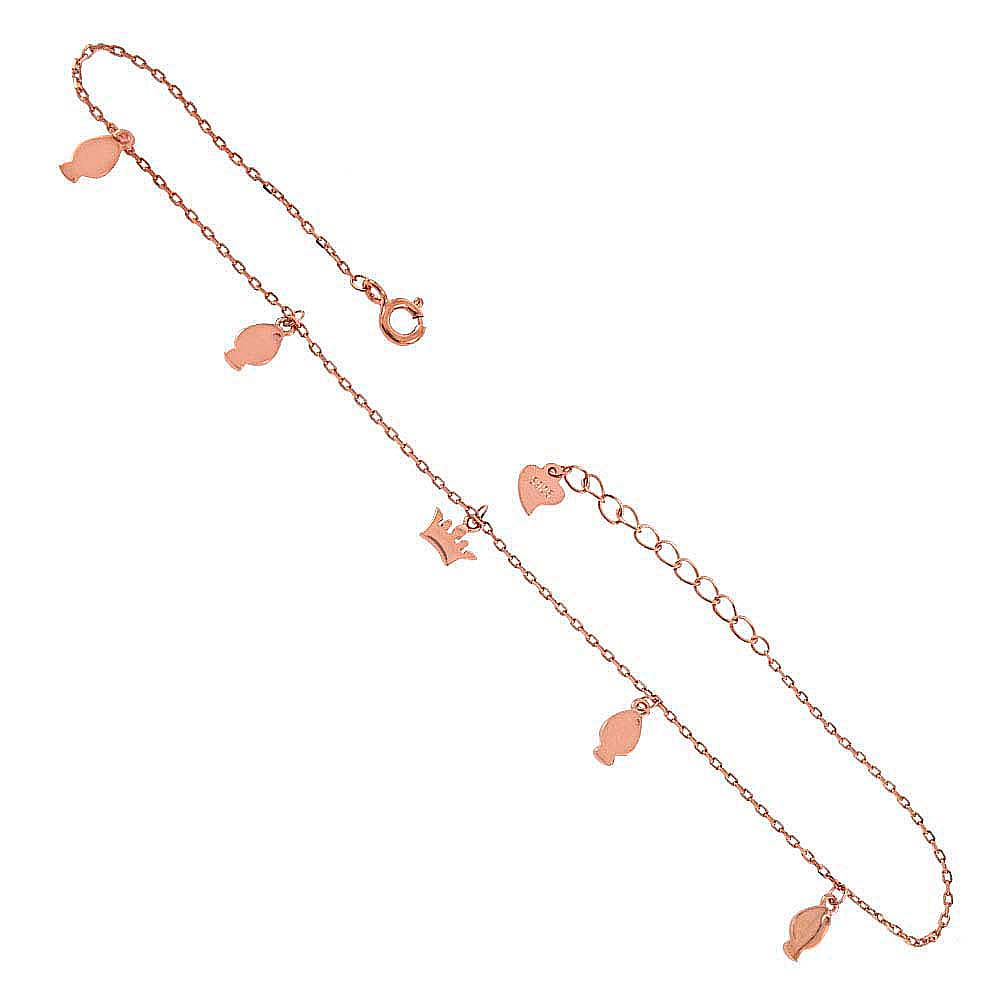 Sterling Silver Rose Gold Plated Crown And Fish Charm Anklet