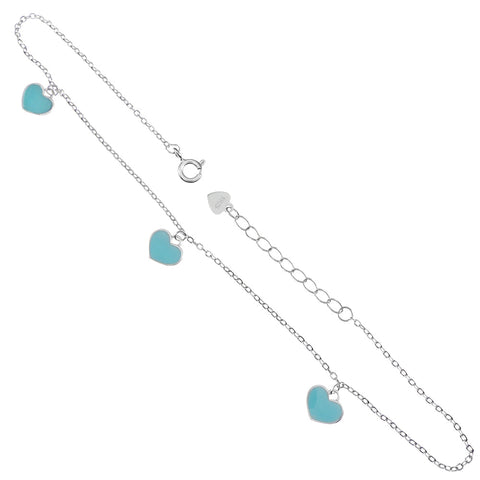 Sterling Silver Rolo Diamond Cut Enamel Heart Charm Rhodium Anklet Length-10inch