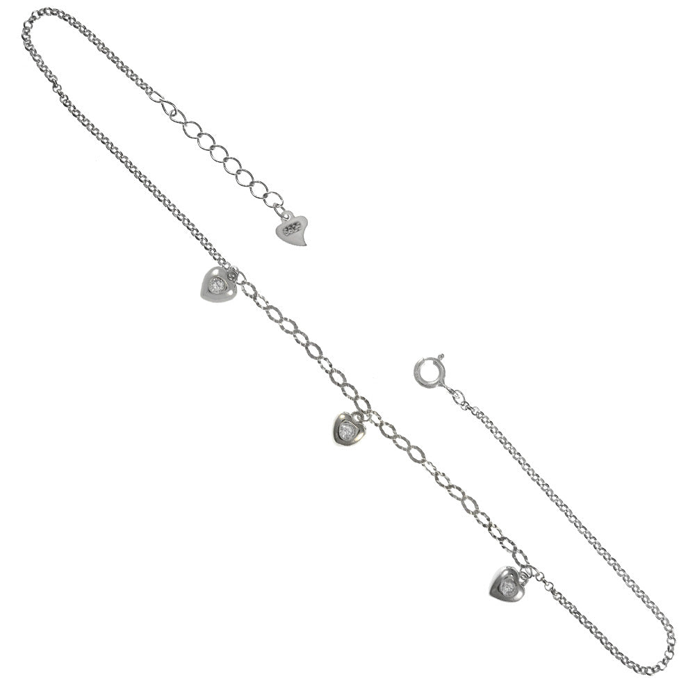 Sterling Silver Three Dangle CZ Heart Rhodium Anklet