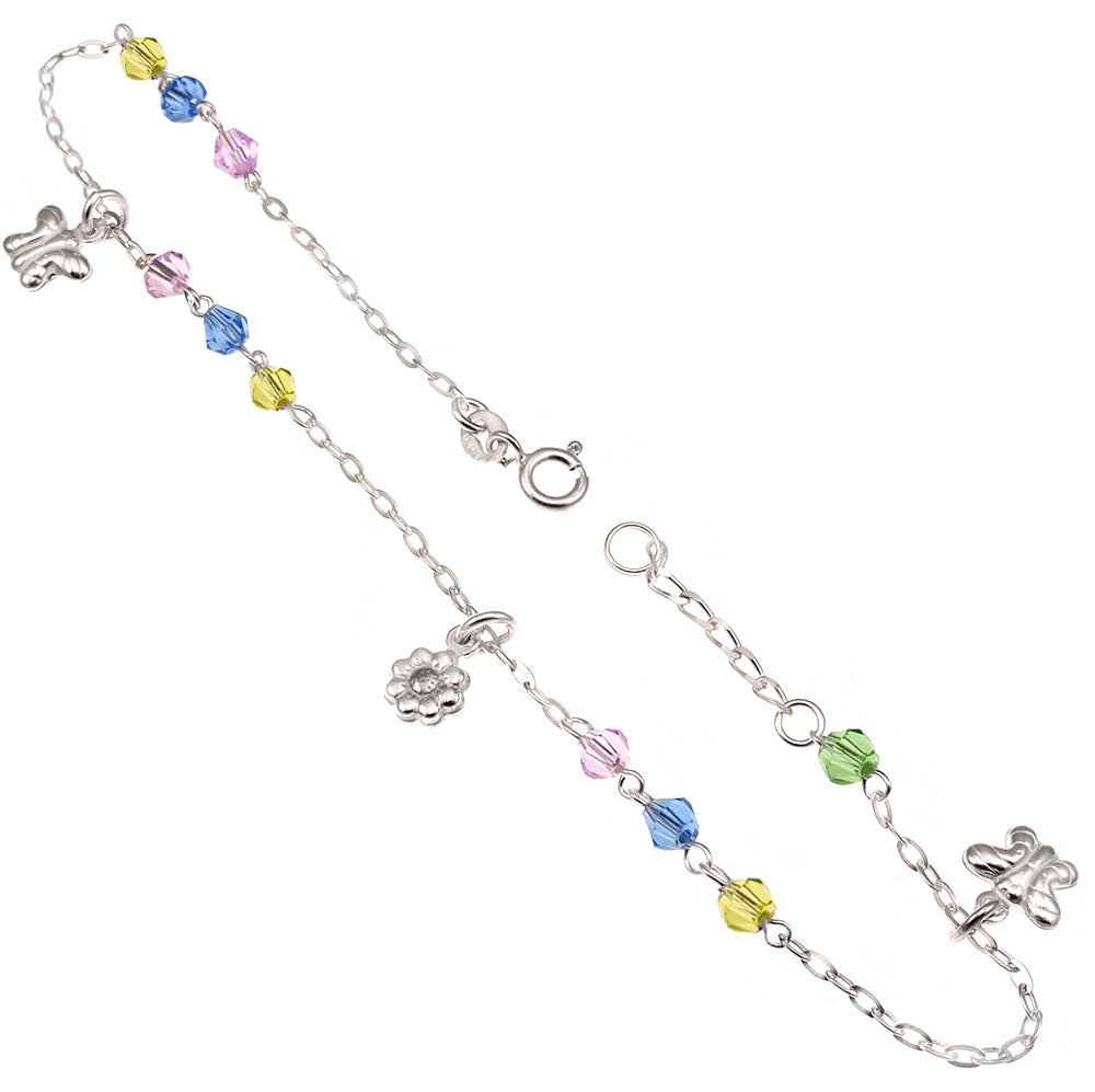 Sterling Silver Multicolor Crystal With Flower And Butterfly Anklet