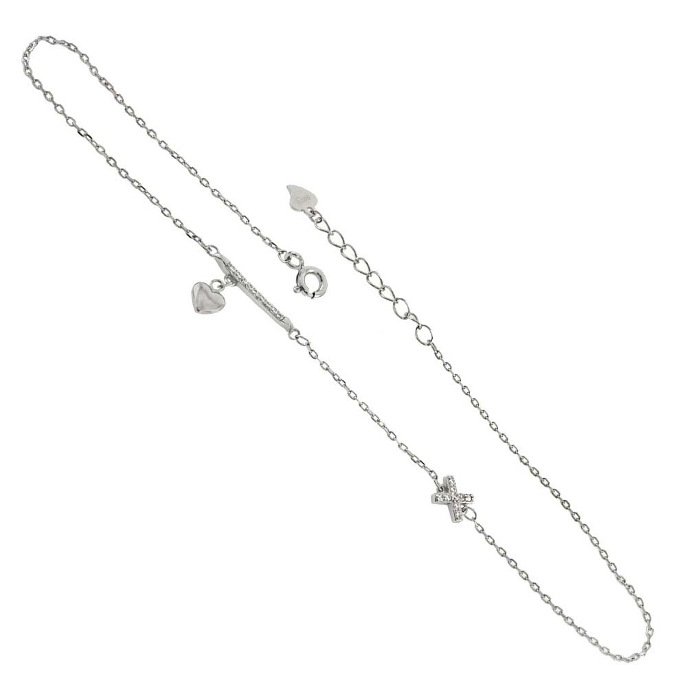 Sterling Silver CZ Bar And X With Dangle Heart Rhodium Anklet