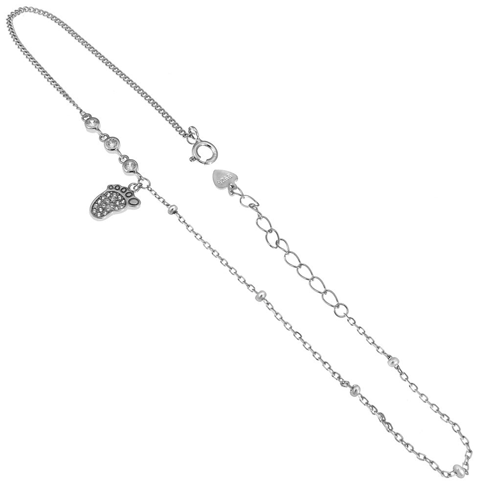 Sterling Silver Thin Curb With Pave CZ Foot And Round Bezel Set Rhodium Anklet