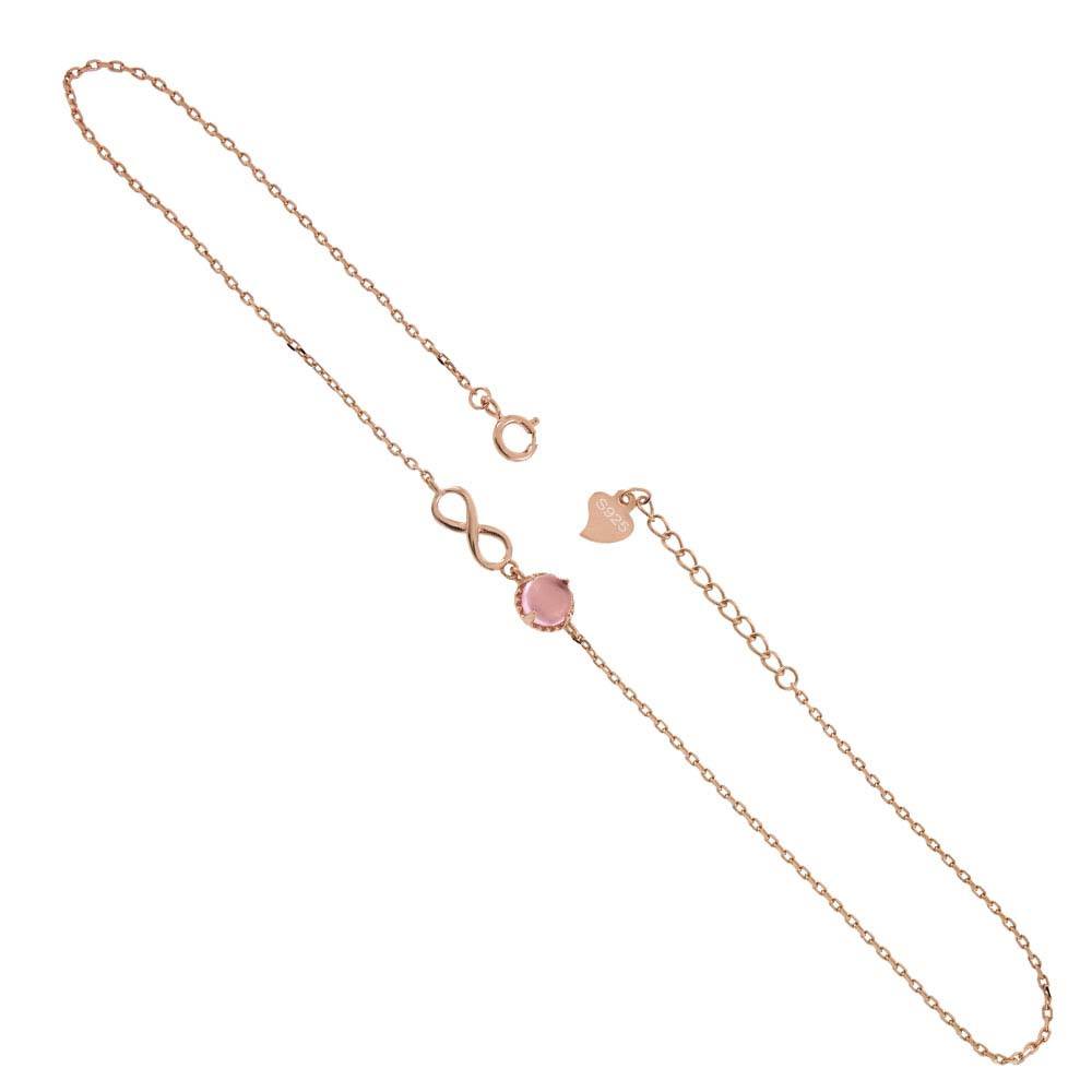 Sterling Silver Infinity With 5mm Pink Cabochon Rose Gold Plated Anklet