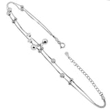 Sterling Silver Double Link With Star And Satin Finish Ball Rhodium Anklet
