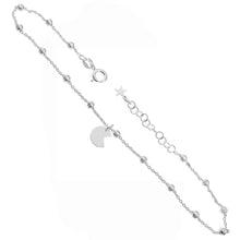 Load image into Gallery viewer, Italian Sterling Silver Rolo Diamond Cut Ball With Dangle Crescent Moon Anklet