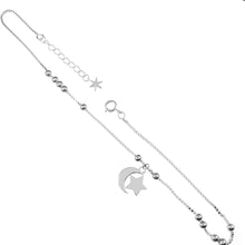 Load image into Gallery viewer, Sterling Silver Box Chain Bead With Dangle Moon And Star Anklet Length-9+1inch