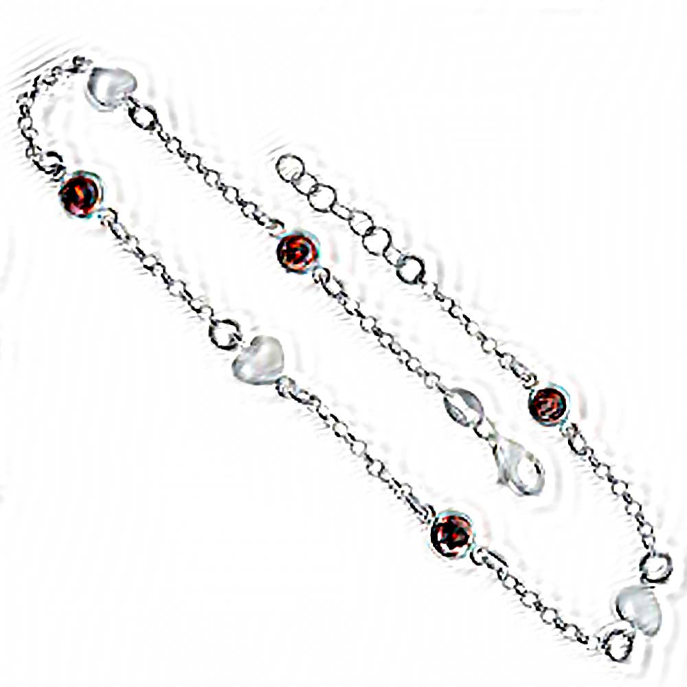 Italian Sterling Silver Heart and Red Garnet Crystal AnkletAnd Length 10 inch