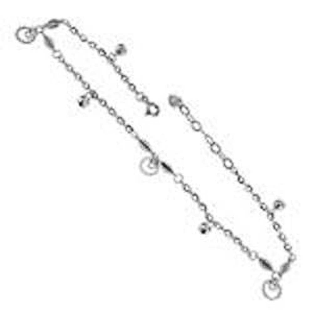 Sterling Silver Fancy Flat Rolo With Dangling Beads Rhodium AnkletAnd Length 9.5 inches