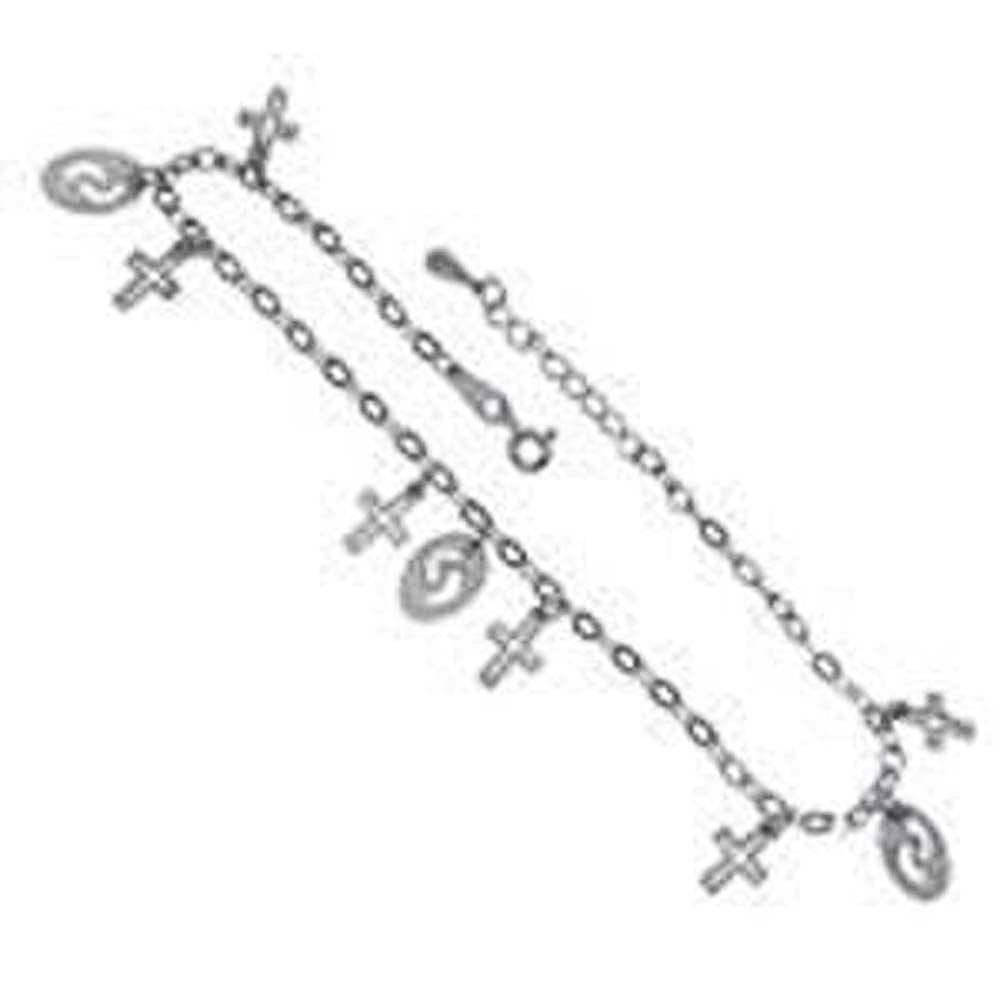 Sterling Silver Dangle Crosses And Oval Charms Rhodium AnkletAnd Length 10 inches