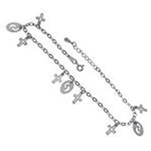 Load image into Gallery viewer, Sterling Silver Dangle Crosses And Oval Charms Rhodium AnkletAnd Length 10 inches