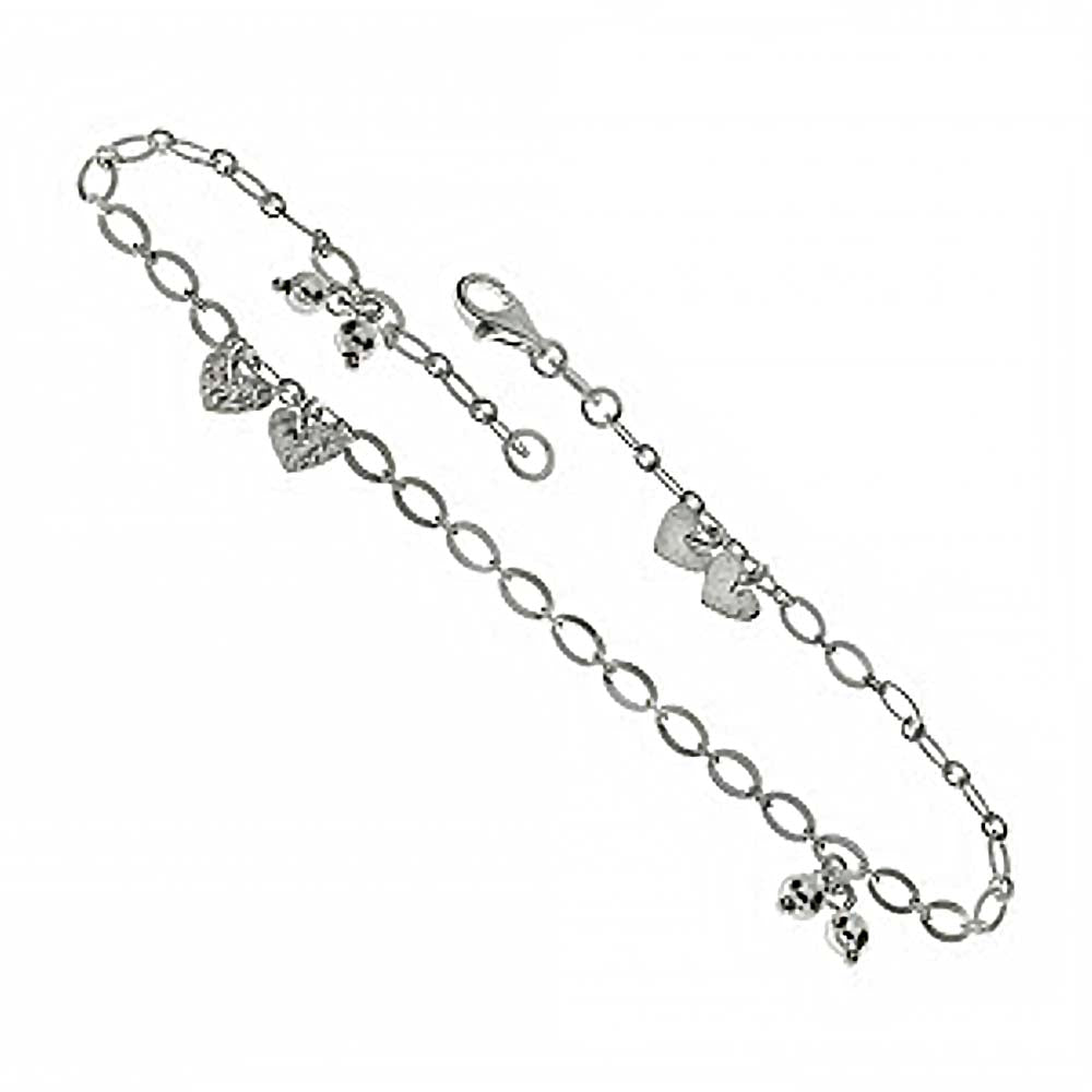 Sterling Silver Rolo Hearts and Beads AnkletAnd Length 10 inch