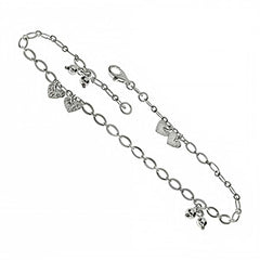 Sterling Silver Rolo Hearts and Beads AnkletAnd Length 10 inch