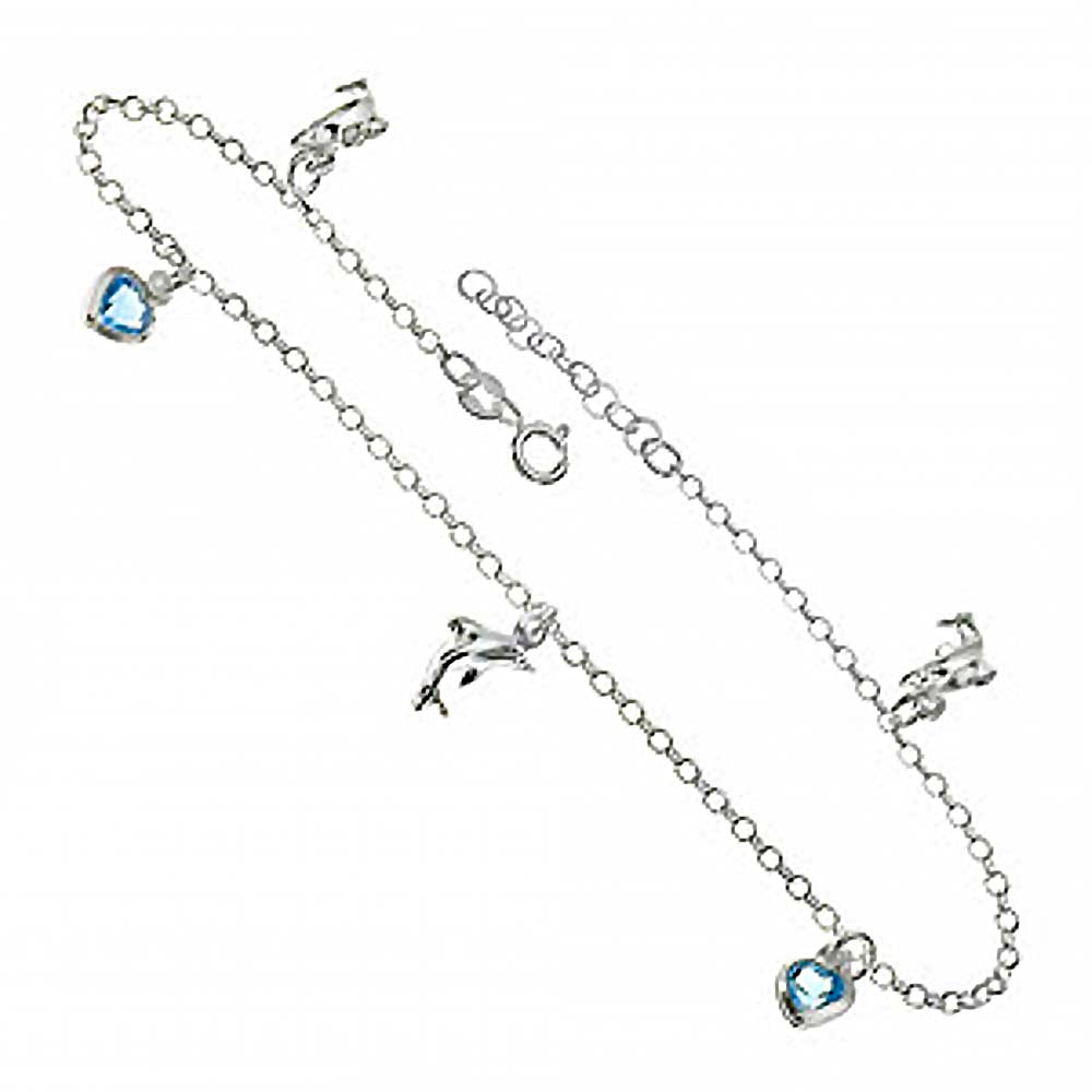 Italian Sterling Silver Austria Crystal Heart and Dolphin Charms AnkletAnd Length 10 inch