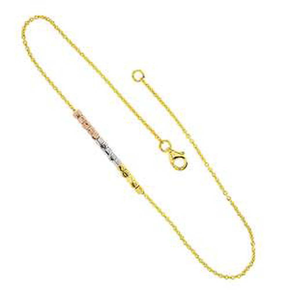 Sterling Silver Rhodium and Gold-Plated Rolo with Tri Color Movable Square Beads Anklet, Length 10 inch
