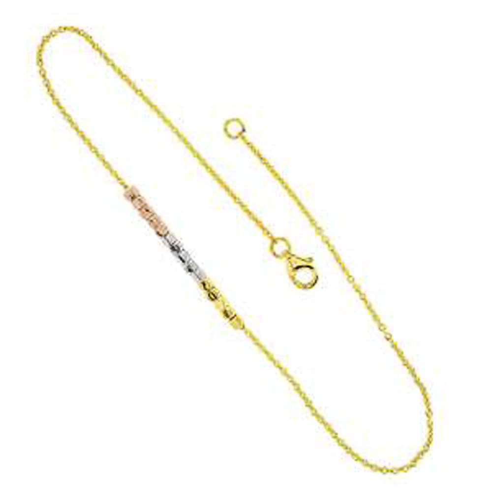 Sterling Silver Rhodium And Gold Plated Rolo With Tri Color Movable Square Beads AnkletAnd Length 10 inch
