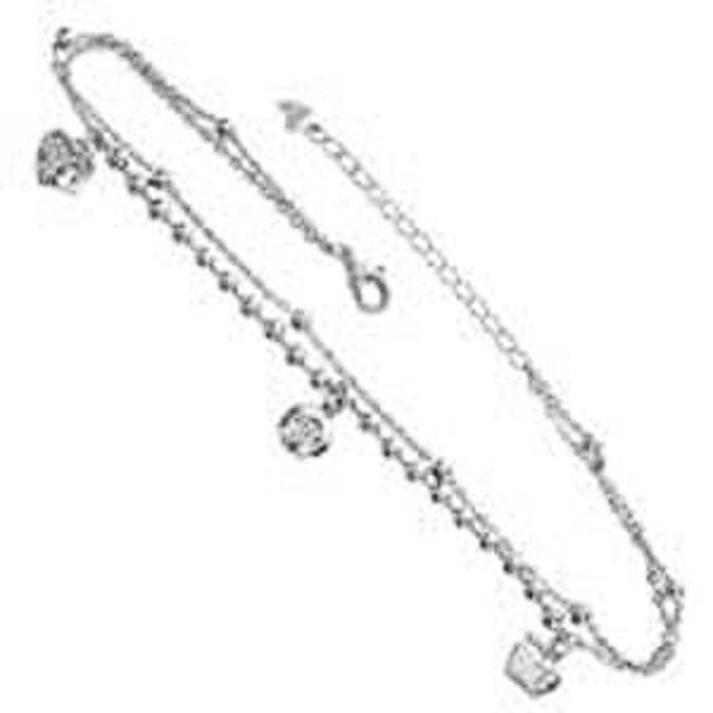 Sterling Silver Double Strand Beads With CZ Charms Rhodium AnkletAnd Length 10 inches
