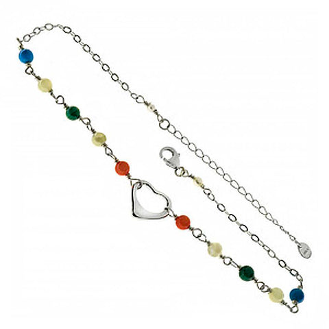 Sterling Silver Multi Color Genuine stone with Heart AnkletAnd Length 11 inch