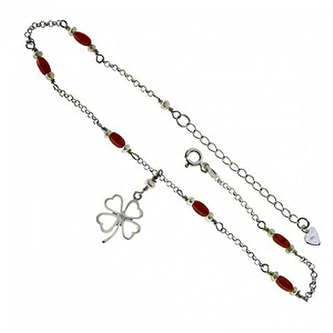 Sterling Silver Four Leaf Clover with Coral Beads AnkletAnd Length 11 inch