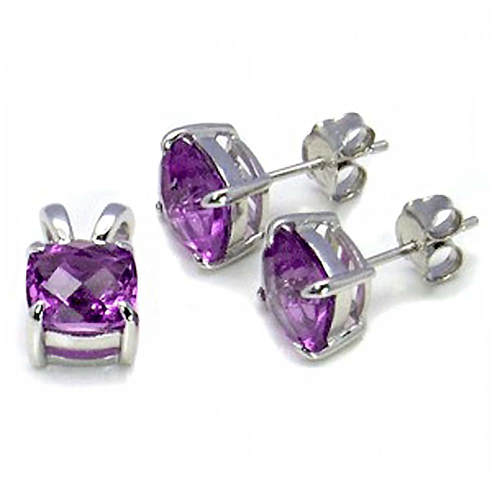 Sterling Silver Cushion-Cut CZ Amethyst Earring & Pendant SetAnd Width 8 mm