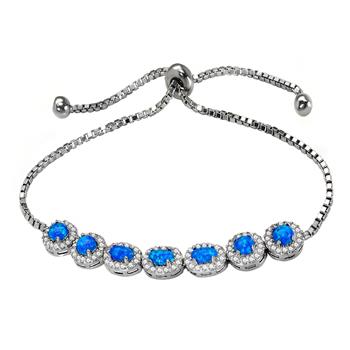 Sterling Silver Simulated Blue Opal Adjustable Halo Rhodium Bracelet