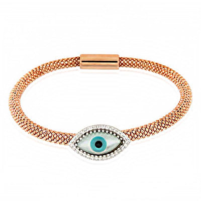 Italian Sterling Silver Rose Gold Rhodium Plated Micro Pave Cz with Evil Eye Mesh BraceletAnd Bracelet Dimension of 4MMx177.8MM