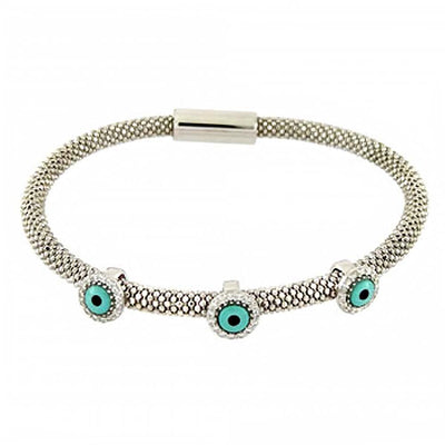 Italian Sterling Silver Rhodium Plated Bracelet with 3 Mesh Finished Evil EyesAnd Bracelet Dimension of 4MMx184.15MM