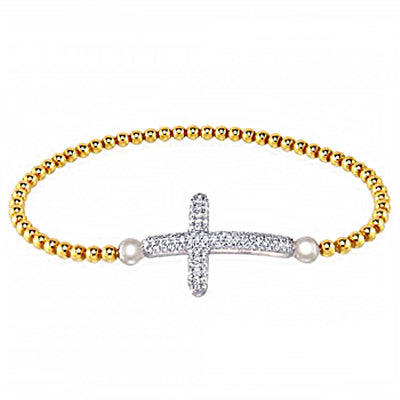 Italian Sterling Silver Stretching Bead Bracelet with Micro Pave Cz CrossAnd Bracelet Dimension of 3MMx177.8MM