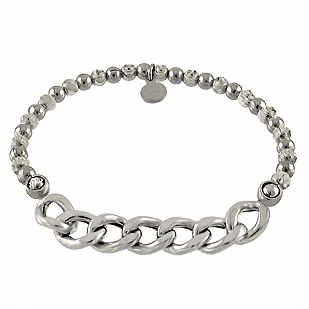 Italian Sterling Silver Rhodium Plated Diamond Cut Beads and Curb Chain Bracelet with Bracelet Length of 177.8MM