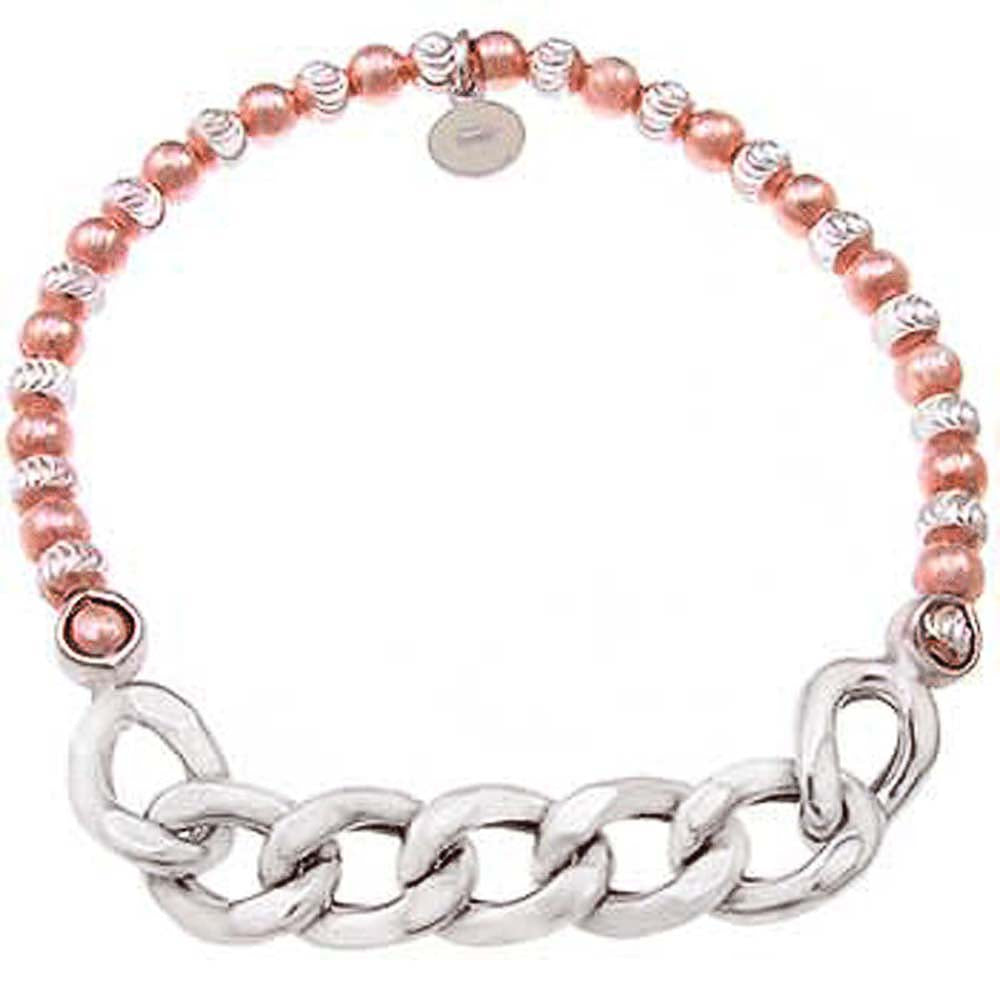 Italian Sterling Silver Rhodium Finished Rose Gold Plated Bead and Curb Chain Bracelet with Bracelet Length of 177.8MM