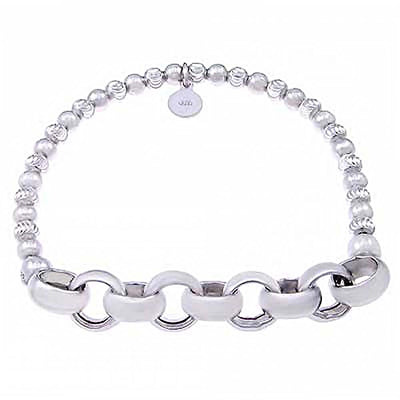 Italian Sterling Silver Rhodium Diamond Cut Beads and Rolo Chain Bracelet with Bracelet Length of 177.8MM
