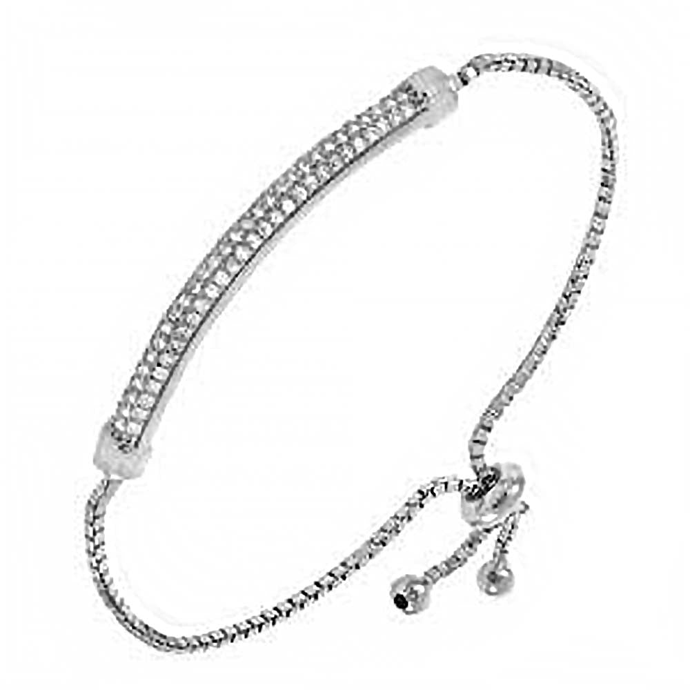 Sterling Silver Box Chain With Pave CZ Bar Adjustable Rhodium BraceletAnd  Width 3.6mm