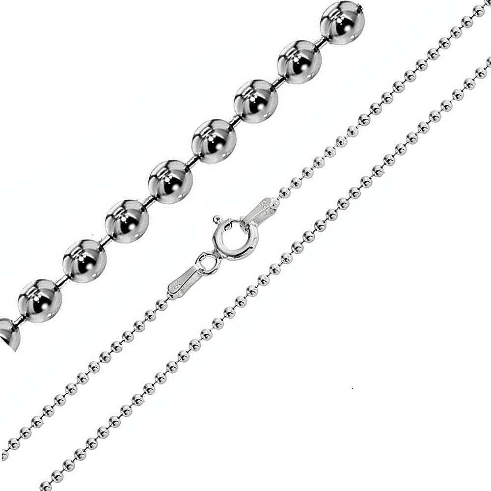 Italian Sterling Silver Rhodium Plated Bead Chain 100- 0.8 mm with Spring Clasp Closure