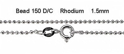 Italian Sterling Silver Rhodium Plated Diamond Cut Bead Chain 150- 1.5 mm with Spring Clasp Closure
