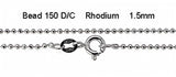 Italian Sterling Silver Rhodium Plated Diamond Cut Bead Chain 150- 1.5 mm with Spring Clasp Closure