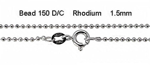 Italian Sterling Silver Rhodium Plated Diamond Cut Bead Chain 150- 1.5 mm with Spring Clasp Closure