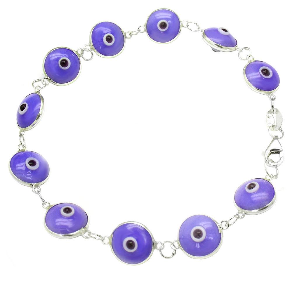 Sterling Silver 10mm Purple Blue Evil Eye Bracelet