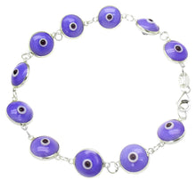 Load image into Gallery viewer, Sterling Silver 10mm Purple Blue Evil Eye Bracelet