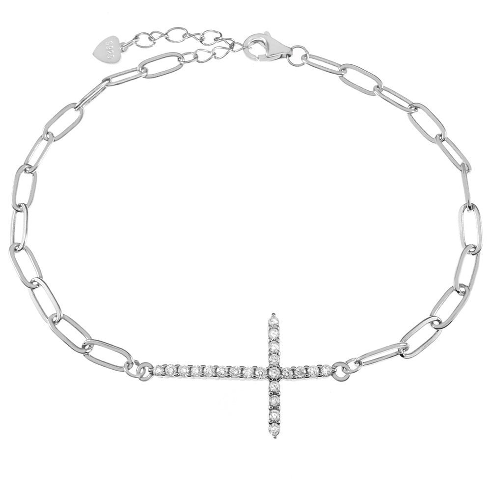 Sterling Silver Paperclip With Sideways CZ Cross Bracelet Length7+1inch ...