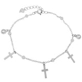 Sterling Silver Rhodium Diamond Cut Rolo Bead With Cross Bezel Round CZ Bracelet Length-7inch