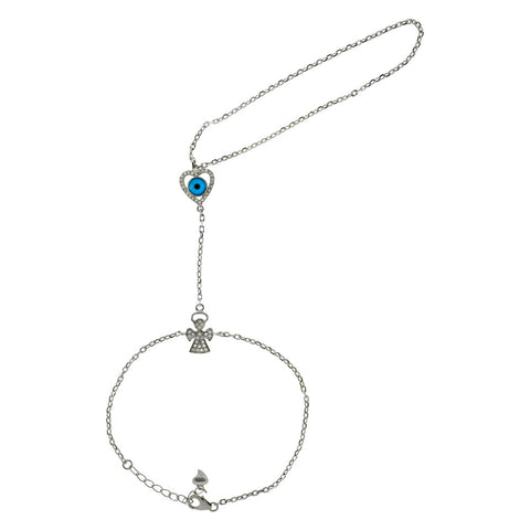 Sterling Silver CZ Angel and Heart With Evil Eye Slave Bracelet