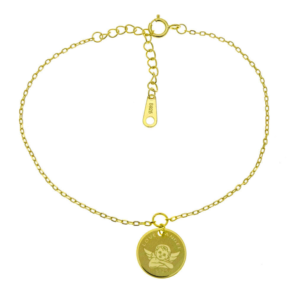 Sterling Silver LOVE ANGEL Double Sided Medal Gold Plated Bracelet