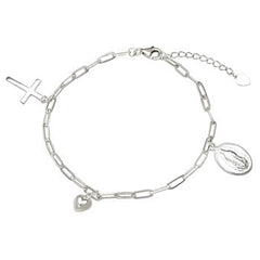Sterling Silver Paperclip with Religious Charm Bracelet, Length 7.5